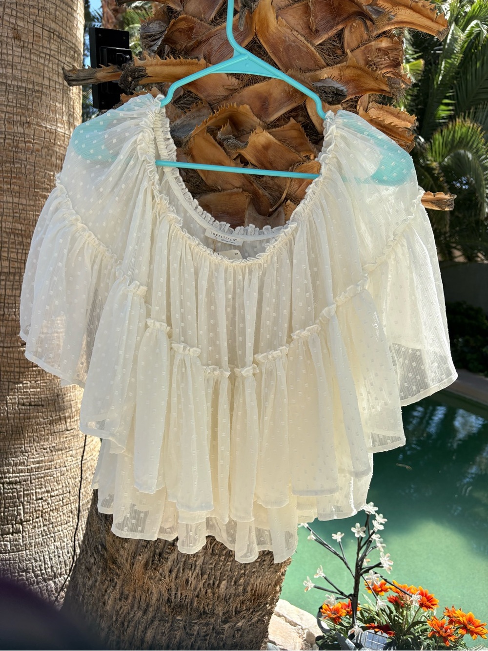 Lovestitch Cream Swiss Dot Off-Shoulder Ruffle Blouse